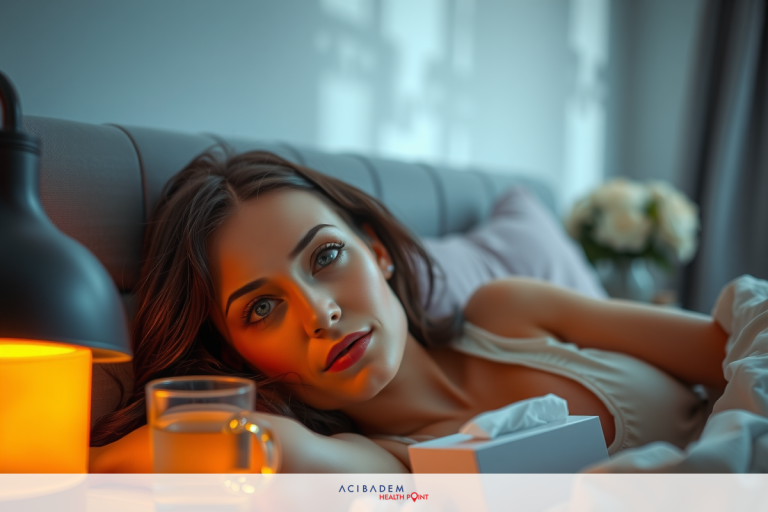 A woman lies in bed, her expression one of contemplation. The room is dimly lit, with a yellow lamp nearby casting a warm glow. She holds a drink and rests her head on her hand, suggesting a moment of quiet reflection.