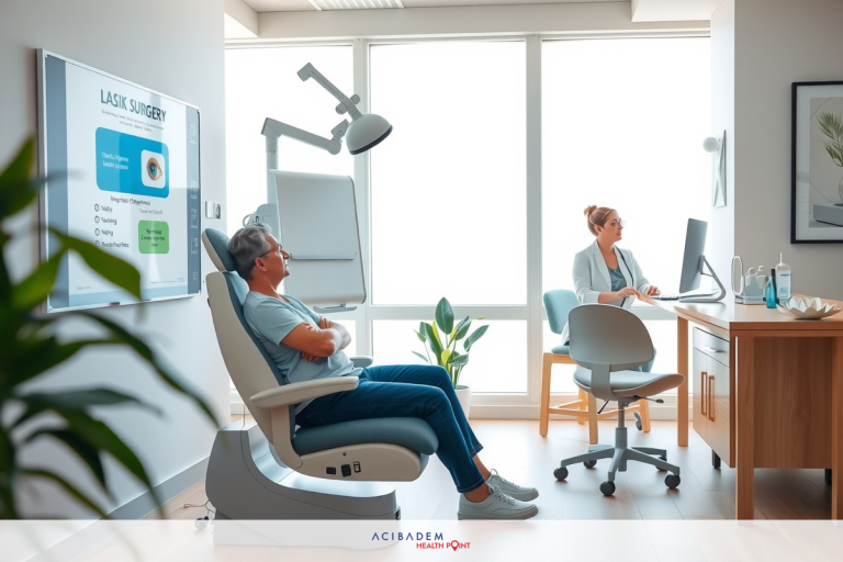 The image depicts a medical examination setting. A patient is seated in an upright chair with what appears to be medical imaging equipment positioned above them, possibly for a CT scan or similar procedure. On the right side of the room, there's a healthcare professional working at a desk equipped with a computer and various medical files.