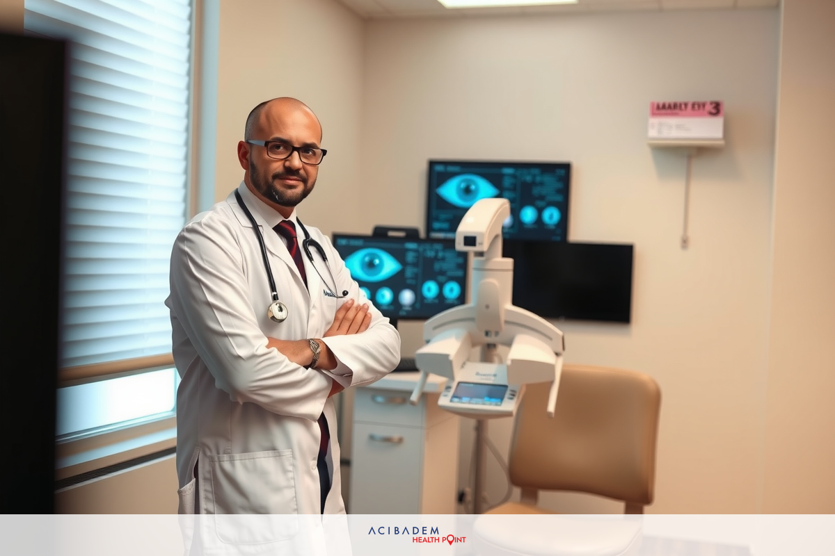 In the image, there is a medical professional standing in what appears to be an ophthalmology office. The person is wearing a white lab coat over a suit with a red tie, indicating a formal medical attire.