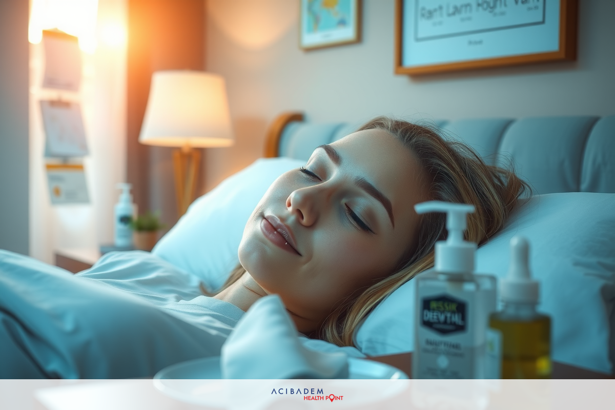 The image shows a woman lying in bed with her eyes closed, seemingly asleep. She is wearing a nightgown and has her hair pulled back. There are bottles of lotion on the nightstand beside her bed which might indicate that she recently used them. The overall atmosphere suggests a tranquil and relaxing moment.