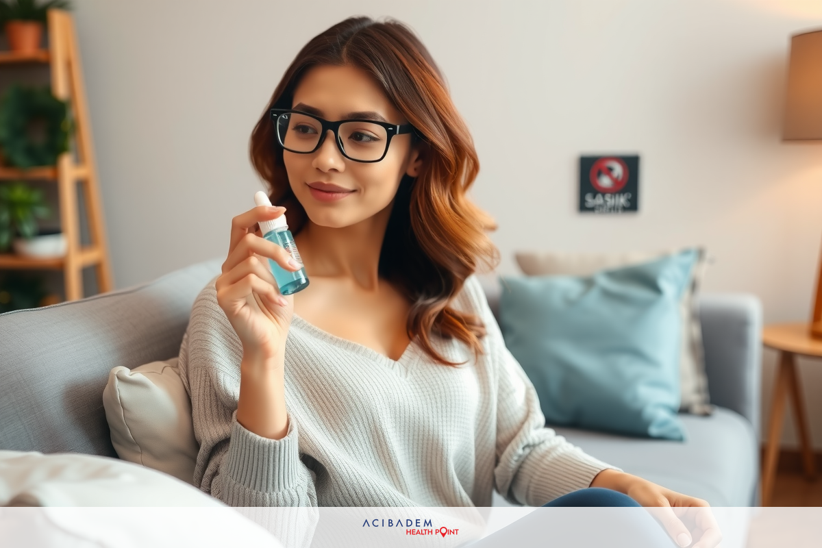 A woman wearing glasses is sitting on a couch in a cozy living room. She's holding an essential oil diffuser, smiling as she enjoys its scent.