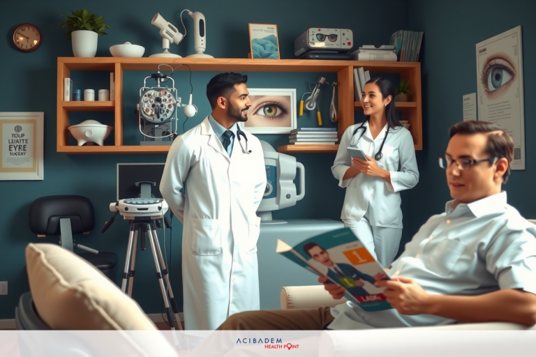 How Much Does LASIK Eye Surgery Cost in NYC A scene depicting a doctor's office with two doctors and a patient seated comfortably. The office is well-equipped, featuring medical equipment on the shelves.