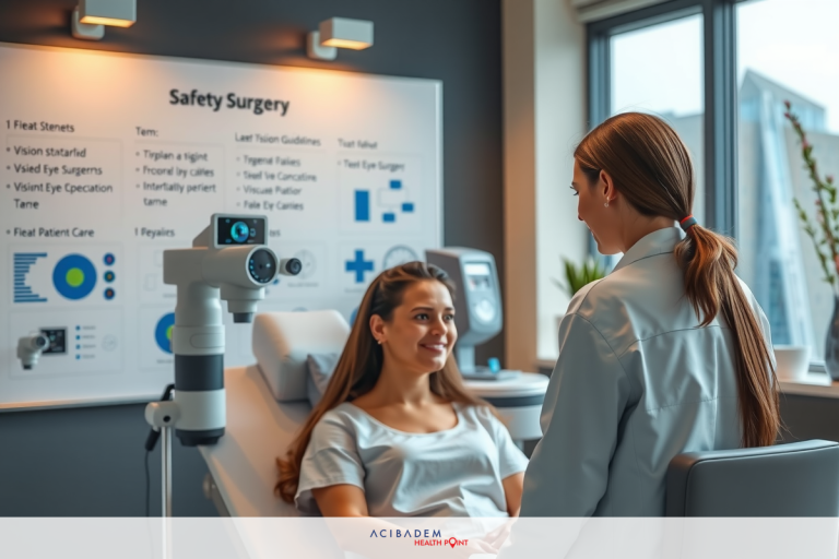 What Is the Prescription Limit for Laser Eye Surgery? An image of two women in a medical setting. One woman is seated while the other stands, both dressed in medical scrubs. The room has technical equipment visible. There's a friendly, professional atmosphere.