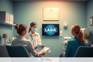 The image depicts a medical office setting with three women engaged in what appears to be an eye examination. One woman, possibly a healthcare professional due to her stethoscope and the context of the scene, stands at the center while two patients sit facing her, one on each side.