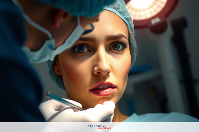 The image depicts a woman in an operating room with medical professionals. Wearing surgical gear, including gloves and a surgical mask, the woman sits on an operating table with her mouth open, indicating that she is undergoing eye surgery or procedures requiring anesthesia.
