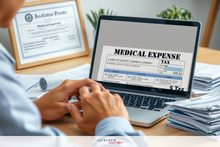 Can I Claim Laser Eye Surgery on My Taxes? Hand using a laptop to fill out medical expenses form online. The image shows a workspace with documents and a computer keyboard on the desk.