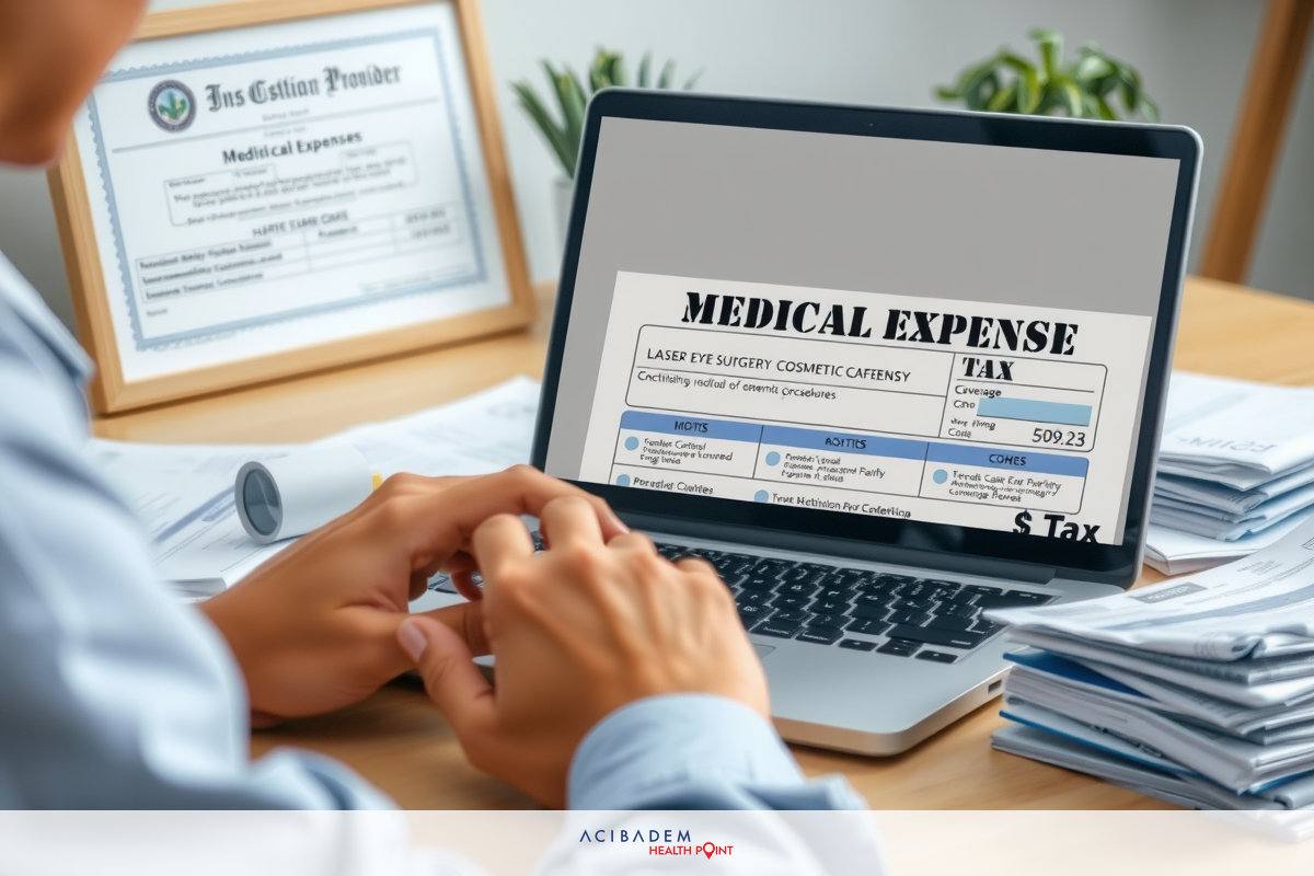 Hand using a laptop to fill out medical expenses form online. The image shows a workspace with documents and a computer keyboard on the desk.