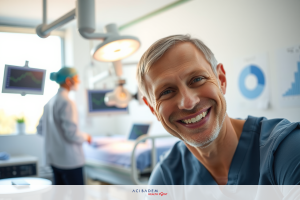 Two medical professionals in a hospital setting, one wearing scrubs and smiling at the camera. The environment includes medical equipment and charts indicating patient care.