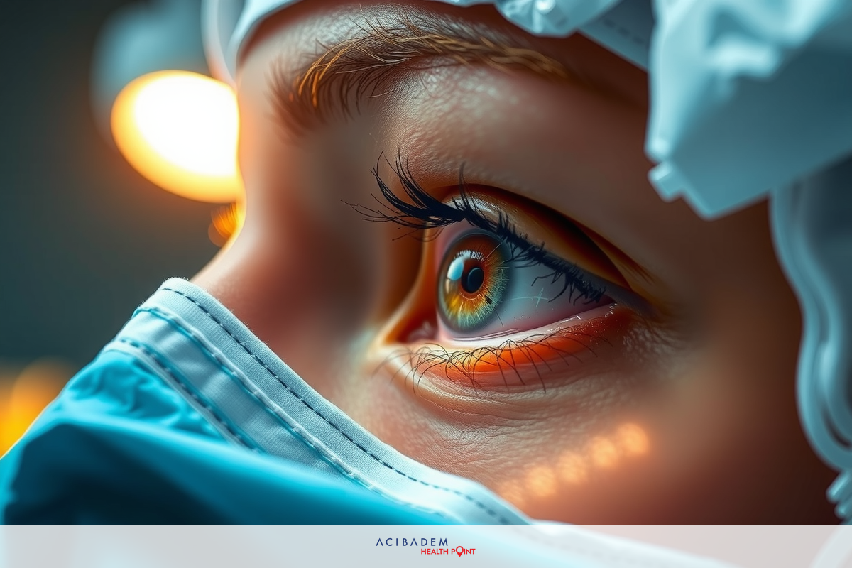 Close-up of a person's eye, possibly wearing medical protective gear such as a face mask. The focus is on the iris with light reflecting off it, creating a vivid and detailed image of the eye. Environment appears sterile and clinical.