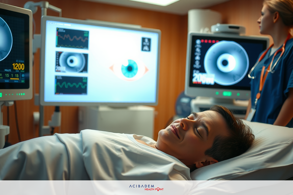 The image shows an interior view of a hospital setting. A patient is lying on a medical bed, hooked up to various pieces of equipment that include monitors and machines.