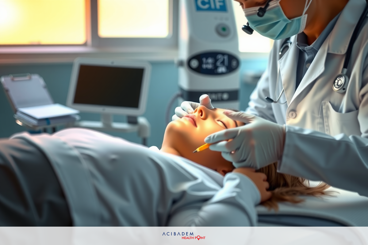 The image depicts a medical setting where a healthcare professional is performing a procedure on a patient lying on a hospital bed.