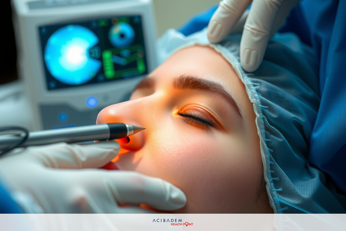 The image shows a person lying in a patient's chair. An ophthalmologist is operating on the person's eyes using special instruments. Medical equipment such as a digital screen with an image of the patient's eye can be seen, suggesting a modern ophthalmologist office setup.
