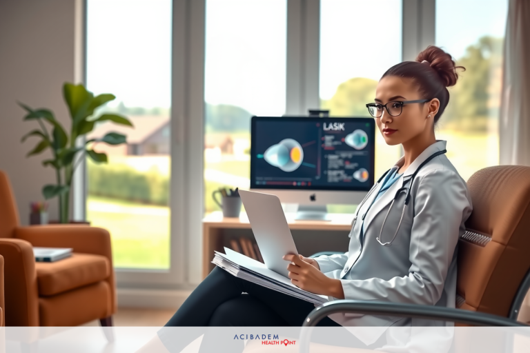 The image features a female doctor in her office, examining patient records on a digital tablet. The environment is modern and well-lit with natural light streaming through the window, showing an outdoor view of trees.