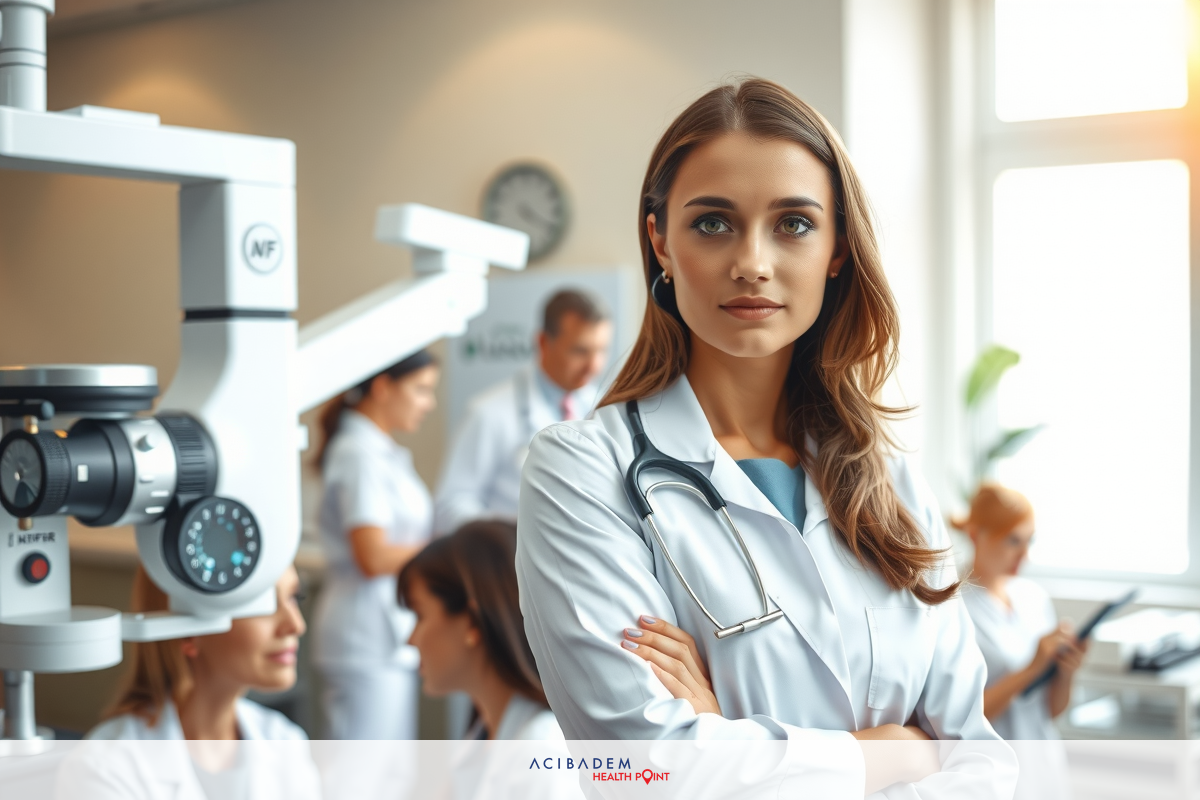 In a modern healthcare facility, the focus is on optometry. A female optometrist stands confidently among her colleagues, who are also doctors or technicians, in front of an ophthalmic examination machine with various medical equipment in the background.