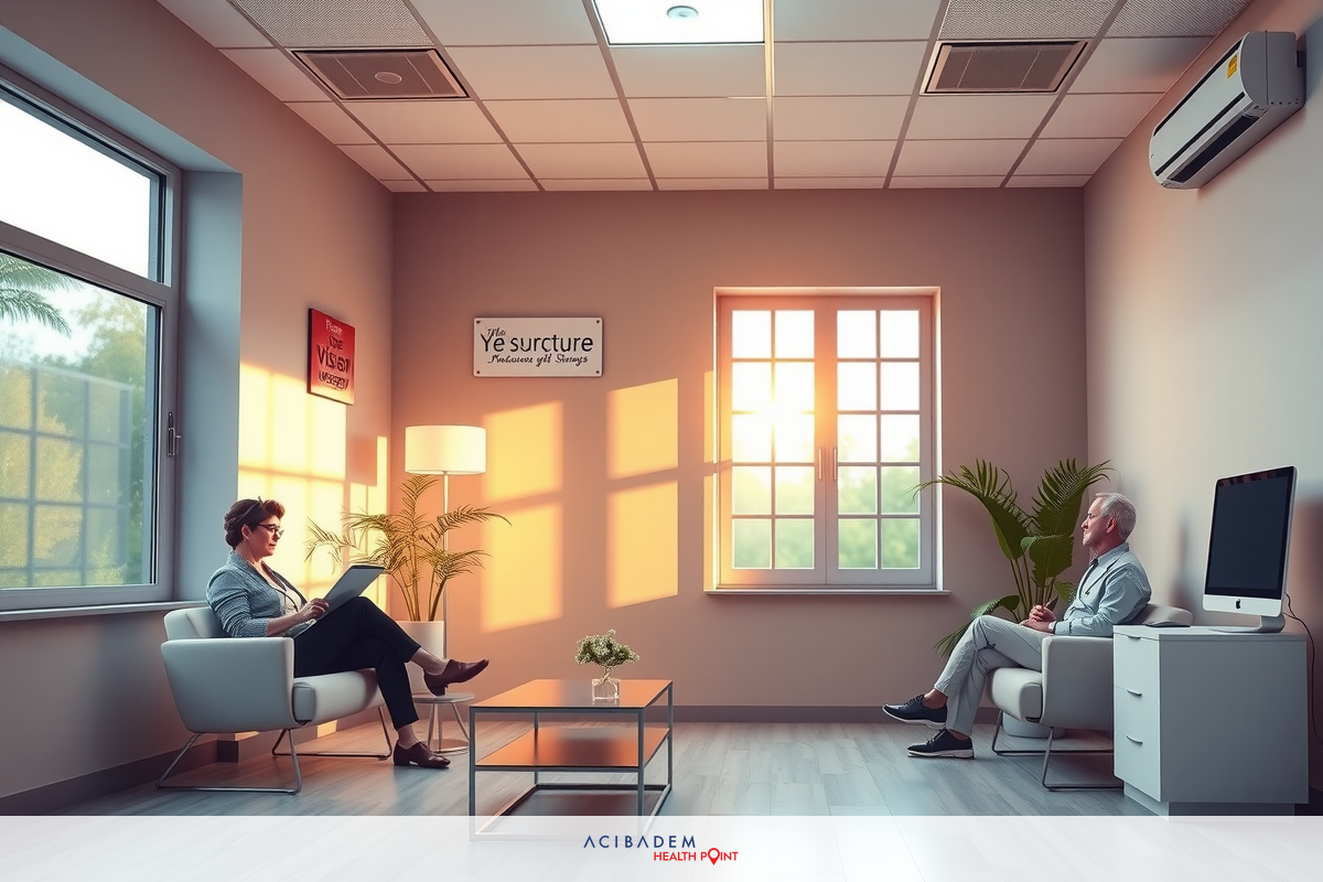 A man and a woman sit in a modern waiting room. The room is well-lit with sunlight streaming through the windows, casting long shadows on the floor. It is equipped with comfortable chairs and potted plants for decoration. They are engaged in a conversation, creating an atmosphere of professional interaction.