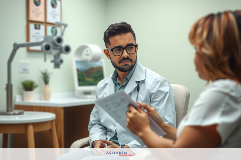 The image shows a man seated in an examination room at a medical practice. He is wearing glasses and is looking towards the camera with a neutral expression. A woman, possibly a nurse or receptionist, is standing to his right, holding papers and appears to be reading them.