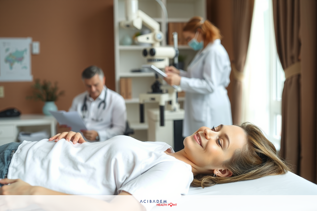 The image portrays a medical office setting with three individuals. A doctor is conducting an examination on a patient who is lying down, possibly for a routine check-up or mammography. The environment is well-lit and clean, emphasizing the professional nature of the scene.