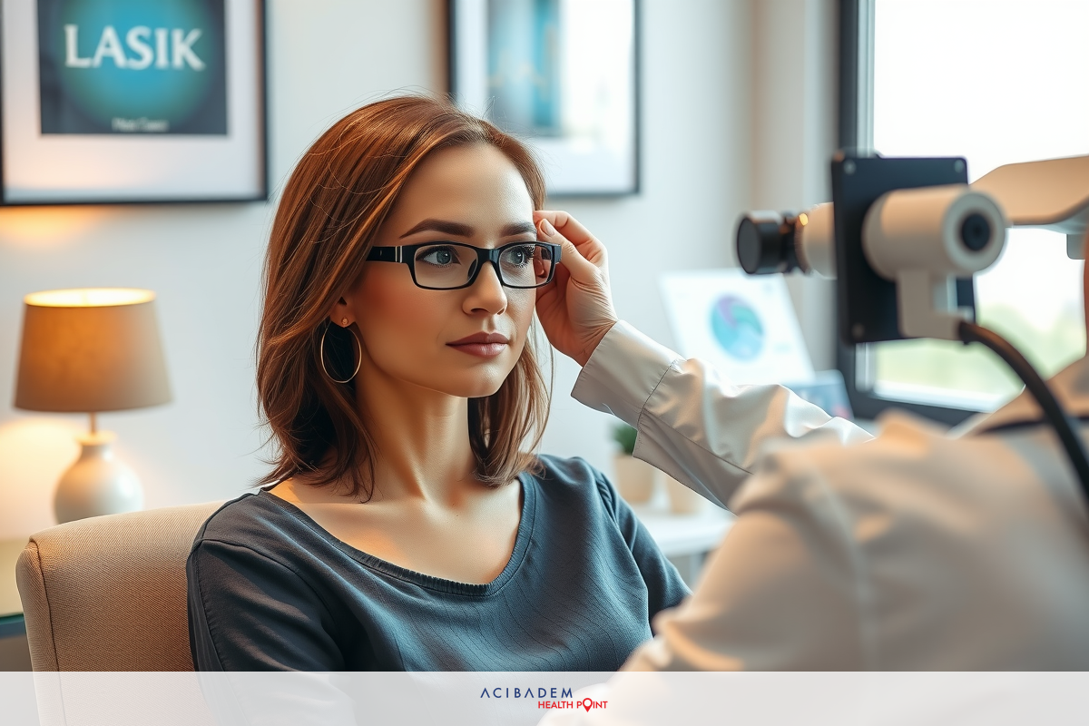 The image shows a woman wearing glasses and sitting in front of an eye examination machine. The man behind the machine appears to be a professional, possibly an optician or ophthalmologist conducting an eye examination.