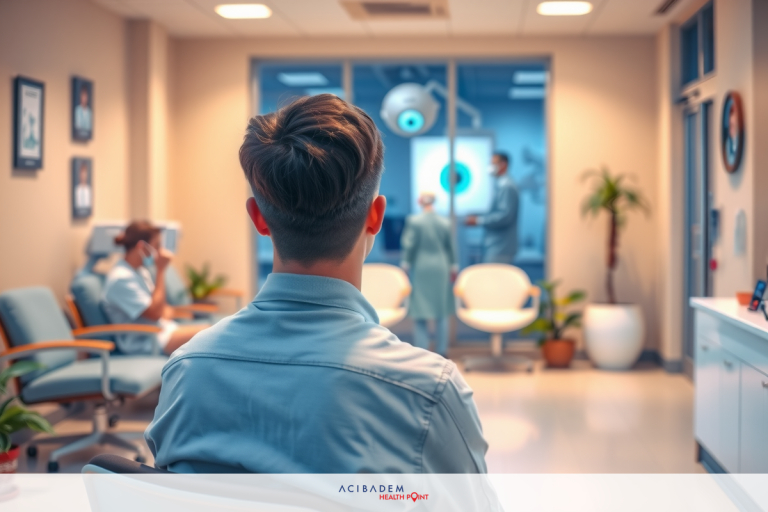 This image depicts an office setting that appears to be a doctor's waiting room. In the foreground, there is a man with short hair, wearing a light blue shirt, facing away from the camera towards another person in the background.