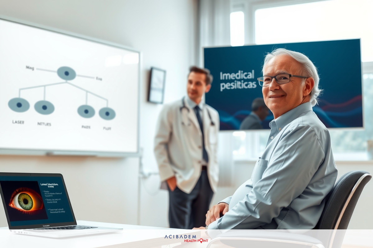 The image depicts a professional setting where an older man is seated at a desk in front of a laptop with a presentation on the screen. To his right stands another man, presumably a doctor, based on attire and context.