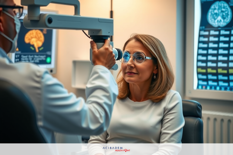 This image shows a medical professional, possibly a doctor or ophthalmologist, performing an eye exam. The doctor uses a slit lamp to examine the patient's eyes, with the patient seated in front of the lamp. They are both indoors, and there are various medical equipment visible in the background, suggesting this is a clinical setting.