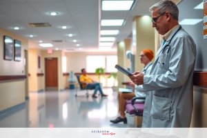 Medical professionals, possibly doctors, standing in a hospital hallway. They are dressed in lab coats. There is a patient visible in the background.