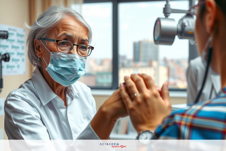How Old Should You Be to Get LASIK Eye Surgery A woman in a surgery mask, surrounded by medical equipment and wearing a white shirt , with a patient seated facing her. The environment suggests a medical setting.