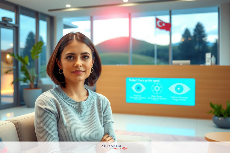 A young woman with short hair is seated in a modern office environment. She wears a grey sweater and appears to be in conversation or awaiting someone. The office has large windows and Turkish flags are visible.