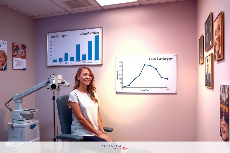 The image shows a person sitting in an optometry chair. The room appears to be a professional setting, likely an eye care office or clinic. The environment includes medical equipment such as a slit lamp, which is commonly used in optometry practices for examining the eyes. The person is smiling and seems to be looking at something outside the frame of the image, possibly towards a clinician or during the eye examination process.