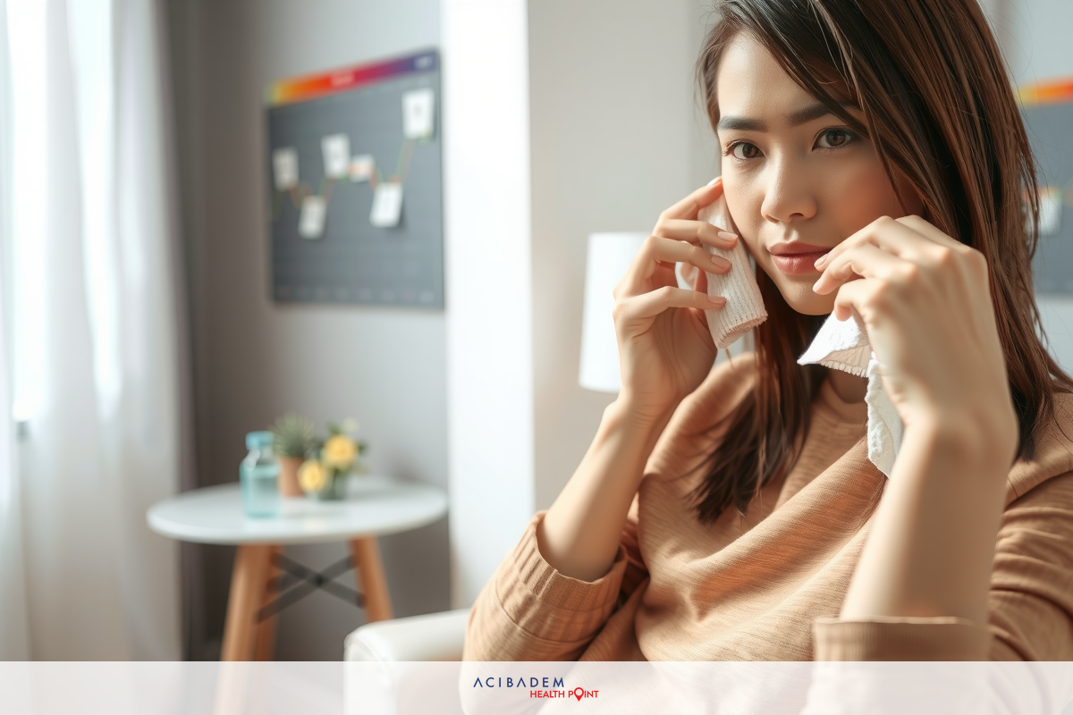 The painting depicts a woman sitting in a closed environment. She holds a cloth in each hand, probably to clean her face after care. Her facial expression is neutral. In the background, there's a piece of furniture that could be part of a couch or chair and some decorative items on a table, but the focus is primarily on the woman.