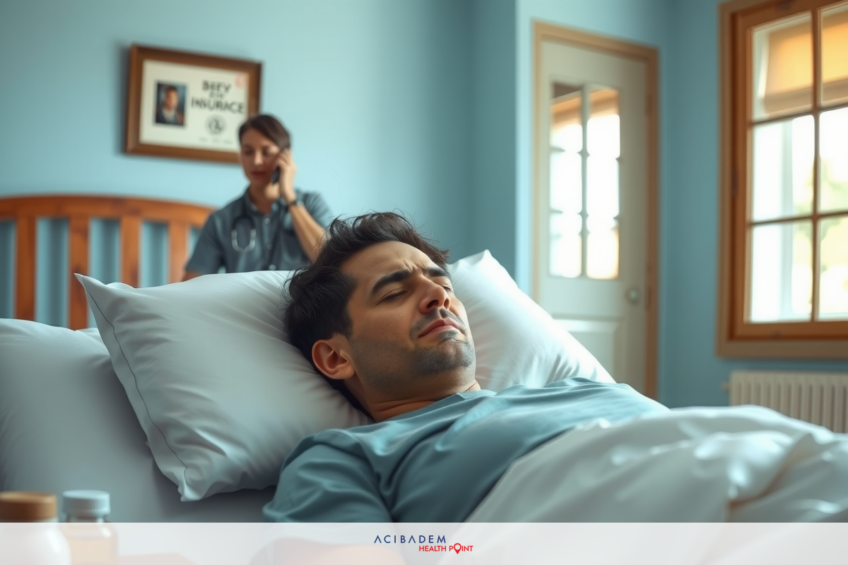 The image shows a hospital room with two individuals. The central figure is lying in a bed and appears to be asleep or unconscious, wearing medical attire. Behind the bed stands someone monitoring the situation, probably a healthcare worker. The environment suggests a clinical setting with windows allowing natural light into the room.