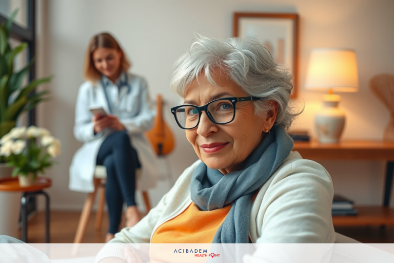 An older woman sitting comfortably on a couch, smiling and looking at the camera. She is wearing a grey scarf, black glasses and an orange top. The setting appears to be a well-lit living room with a modern design.