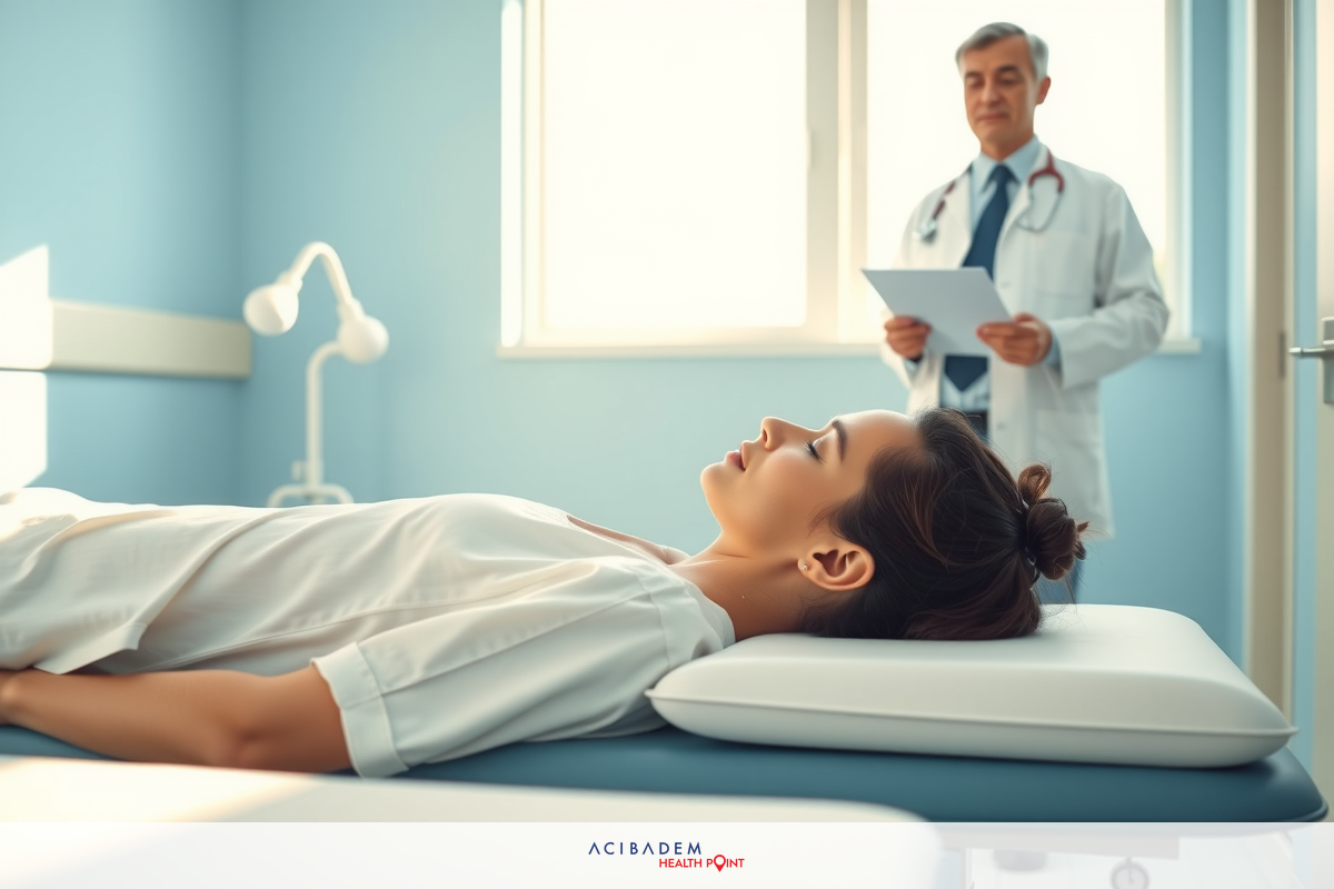 In a bright, clean office, a female patient lies on her back on an examination table, being examined by a male doctor in a white suit who stands behind her with a clipboard.