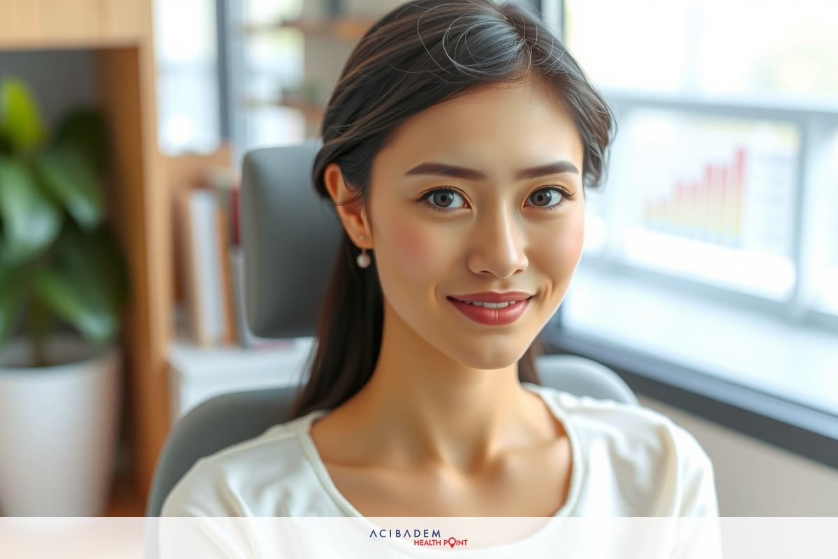 The image is a portrait of an Asian woman with shoulder-length straight black hair, wearing makeup. She has a subtle smile and is looking directly at the camera. Her attire includes a white collared top or blouse.