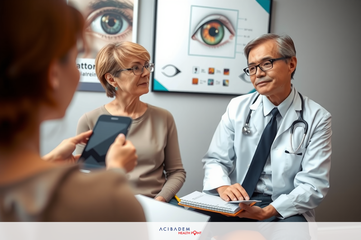 The image features a doctor sitting at a desk in an office, engaging with a patient or their family members. The doctor is wearing a white coat and holding medical records. The patient appears to be seated across from the doctor, while another person seems to be recording the conversation on a tablet. The focus of the image is centered around healthcare consultation.