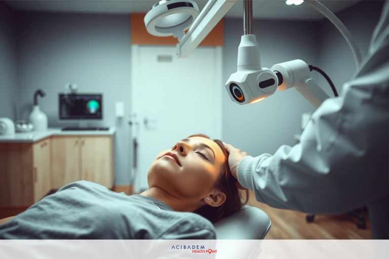 In a professional medical setting, an individual is lying on a dental or medical examination table.