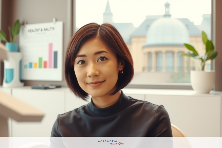 A woman in a professional setting, likely an office, given the desk and chair visible. She is seated and wearing business attire. The room has modern decor with plants and a large window suggesting it may be on a higher floor of a building with a view overlooking cityscape. Her expression is neutral to slightly positive.