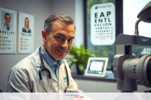 The image features a medical professional, likely an ophthalmologist or optometrist, in their workspace. The individual is seated and wearing a white lab coat with stethoscope around the neck, indicating a healthcare provider role.