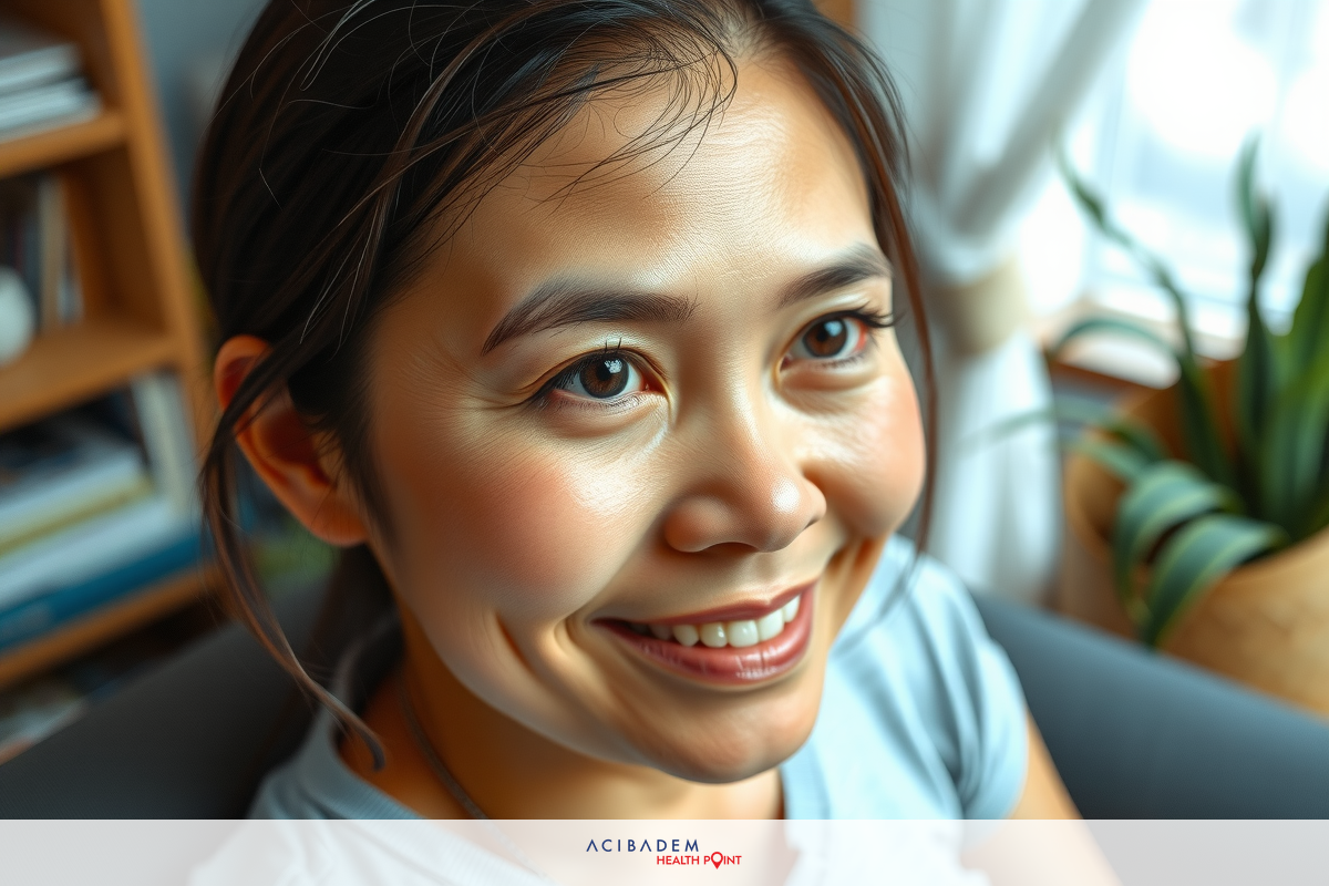 The image shows a woman smiling at the camera. She has shoulder-length hair, is wearing makeup, and is dressed in casual clothing.