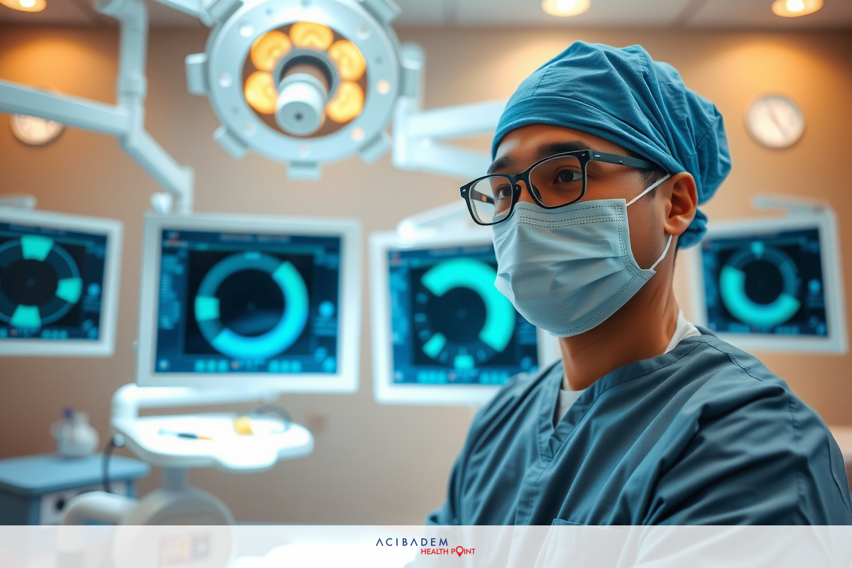 The image features a male surgeon wearing protective attire including a surgical mask, gown, and cap. He is standing in an operating room with modern medical equipment such as monitors around him.
