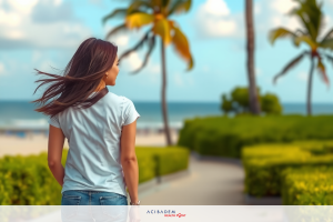 A woman in a casual outfit with a white shirt and blue jeans, walking on a palm-lined sidewalk near the ocean. The scene is vibrant with greenery and has a relaxed beach atmosphere.