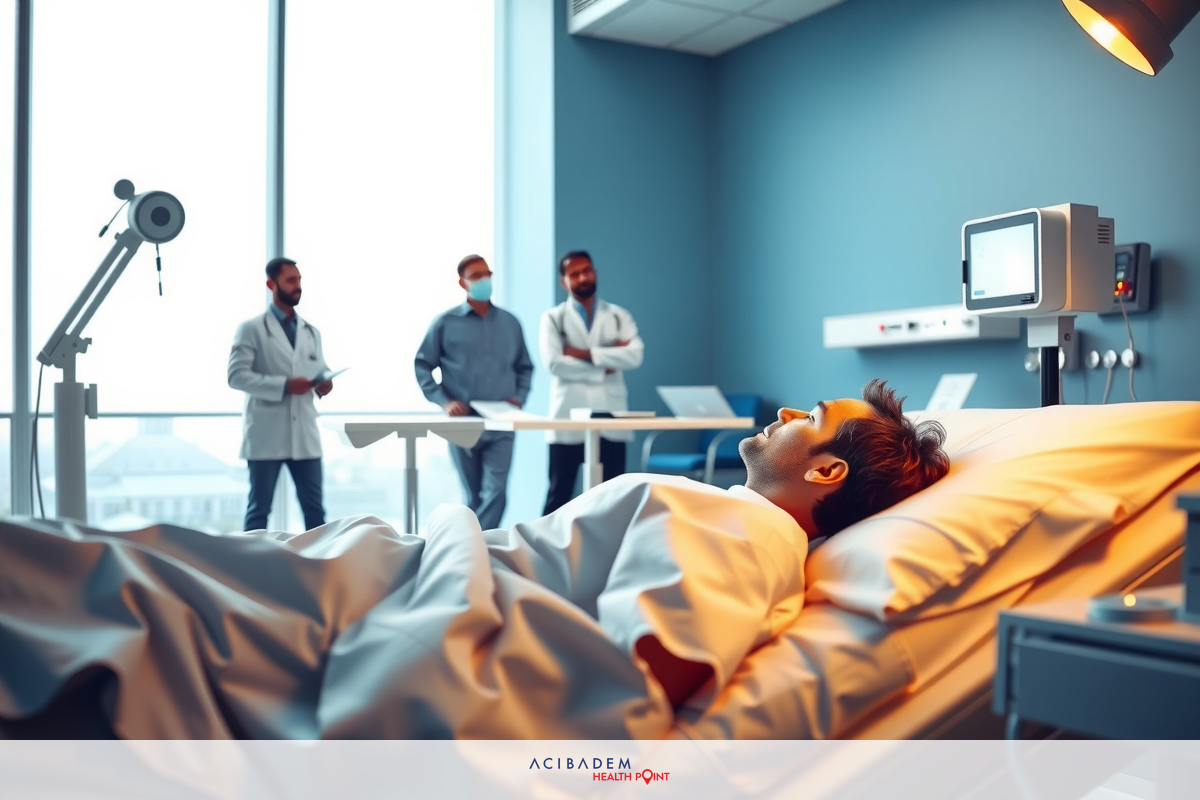 This image depicts an indoor hospital setting. A patient is lying on a hospital bed, hooked up to medical equipment.
