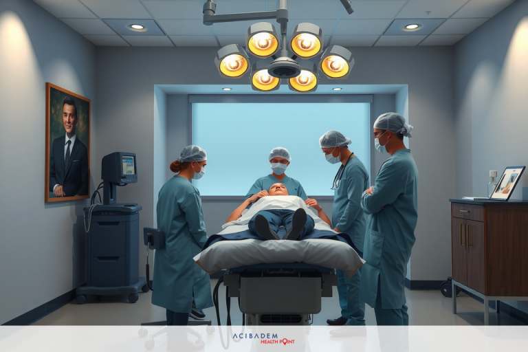 Image of an operating room, focusing on the surgical team in action. Surgeons wear blue scrubs and face masks during a surgery. The patient is under anesthesia, and there are medical instruments and screens around.