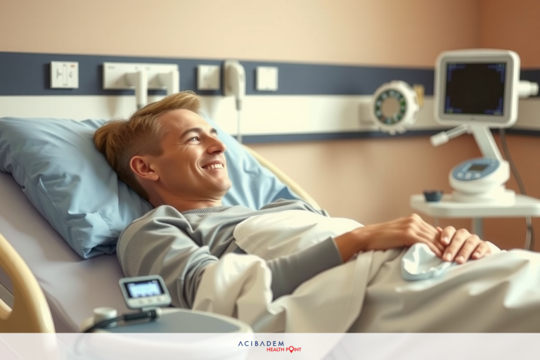 The image depicts a young man lying in a hospital bed, smiling and looking at the camera. He is wearing a patient gown and appears to be receiving medical attention.