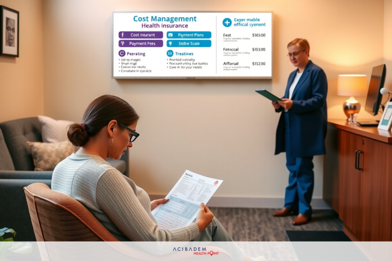 In a professional office, a woman is seated on a chair reading papers while another person stands nearby. The office environment is modern with a large mounted screen displaying financial data and charts, indicating an informational or analytical setting.