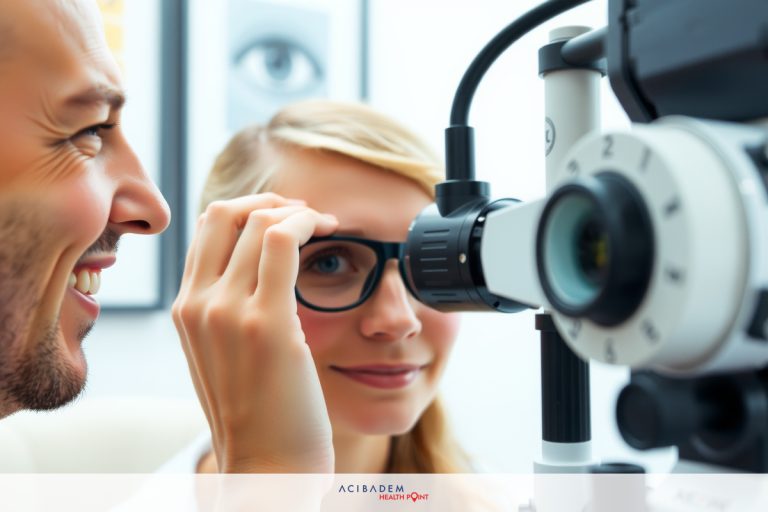 Two individuals are engaged in a close-up examination. The woman is sitting, wearing an eye patch over one eye and appears to be undergoing a visual test.