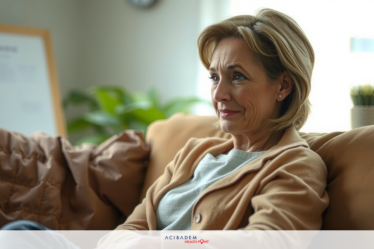 A woman sitting on a beige couch. She is wearing a beige sweater and looking at something off-camera, showing a surprised or thoughtful expression.