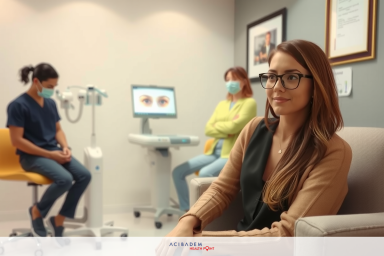 The image depicts a professional setting where three women are interacting. One woman is seated and facing the camera, appearing to be receiving services or consultation from two female professionals standing behind her.