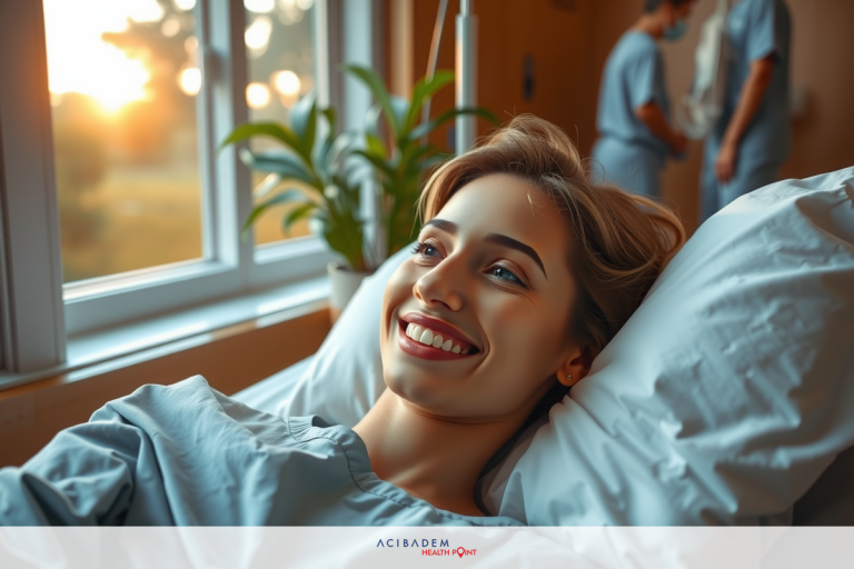 Woman lying in hospital bed and smiling; she has blonde hair and is wearing hospital gown
