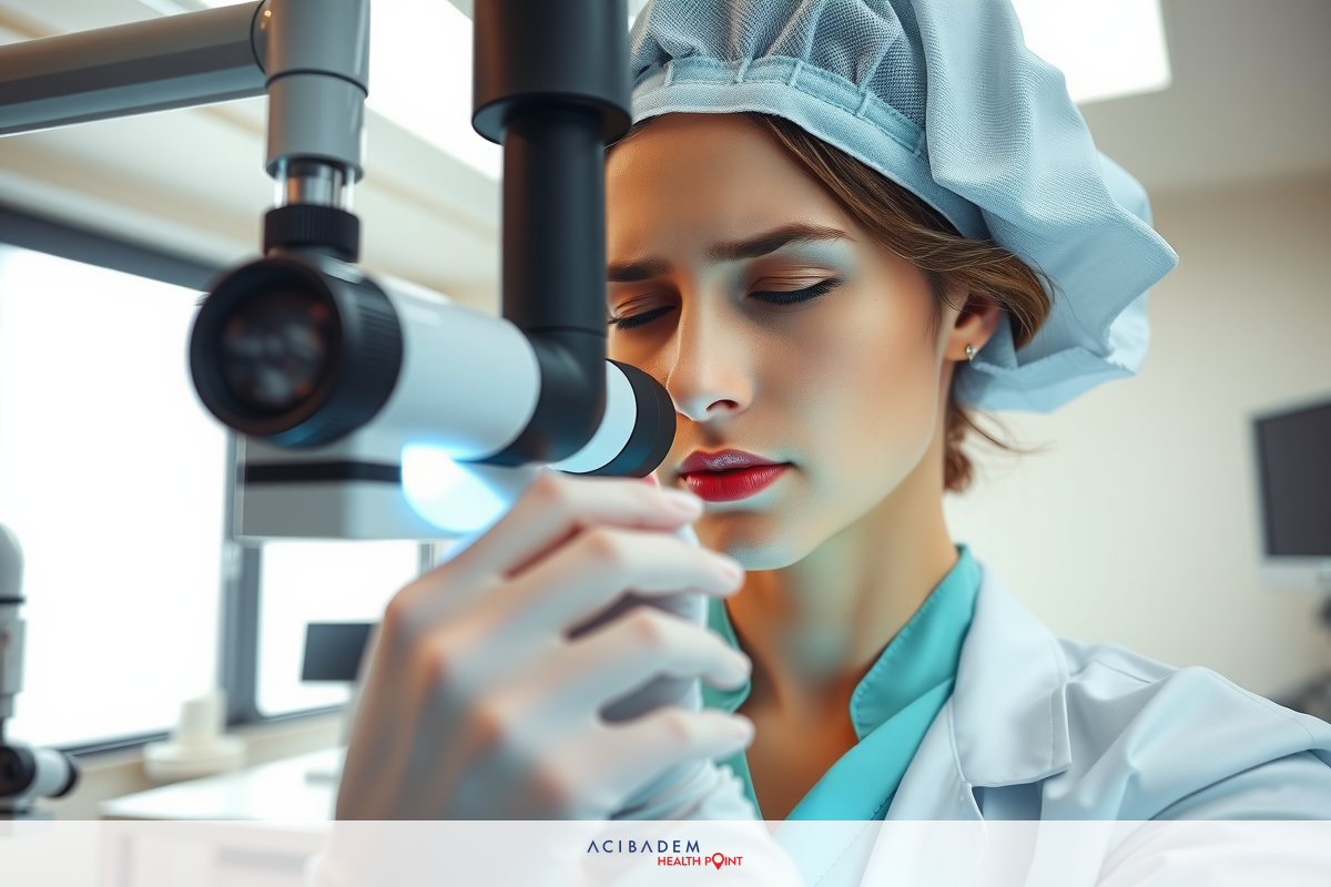The image shows a female doctor wearing protective gear, focusing on a patient's eye with an optical instrument.